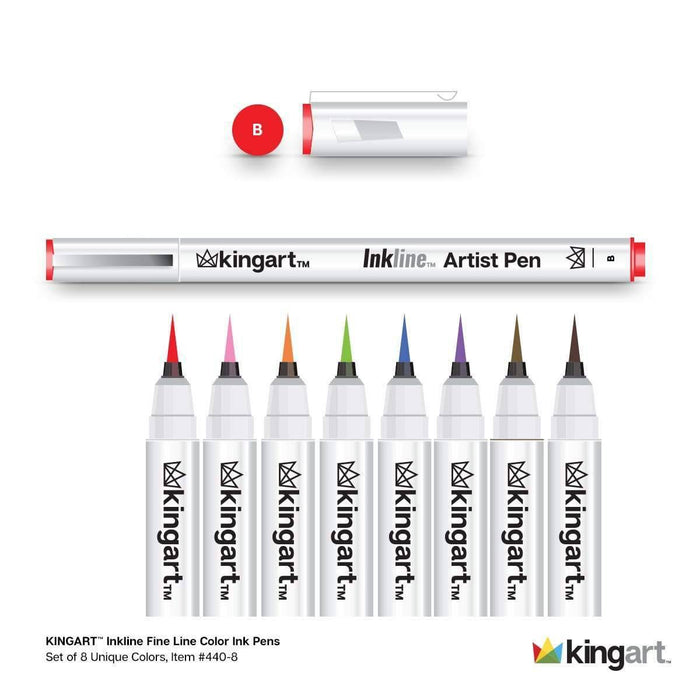 KINGART® Inkline™ Fine Line Art & Graphic Pens, Archival Japanese Ink, Set of 8 Unique Colors, Size B Brush Tips - KINGART