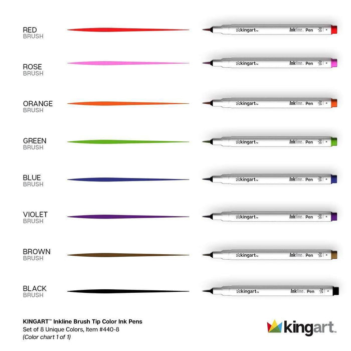 KINGART® Inkline™ Fine Line Art & Graphic Pens, Archival Japanese Ink, Set of 8 Unique Colors, Size B Brush Tips - KINGART