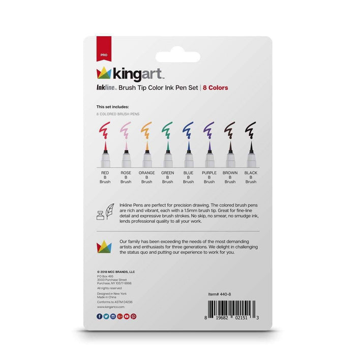 KINGART® Inkline™ Fine Line Art & Graphic Pens, Archival Japanese Ink, Set of 8 Unique Colors, Size B Brush Tips - KINGART