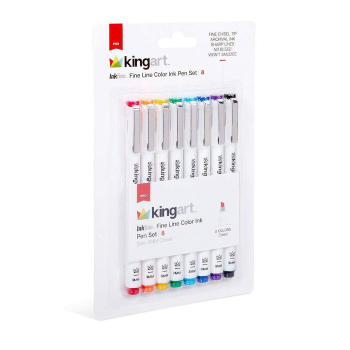 KINGART® Inkline™ Fine Line Art & Graphic Pens, Archival Japanese Ink, Set of 8 Vivid Colors, Size 3mm Chisel Tip - KINGART