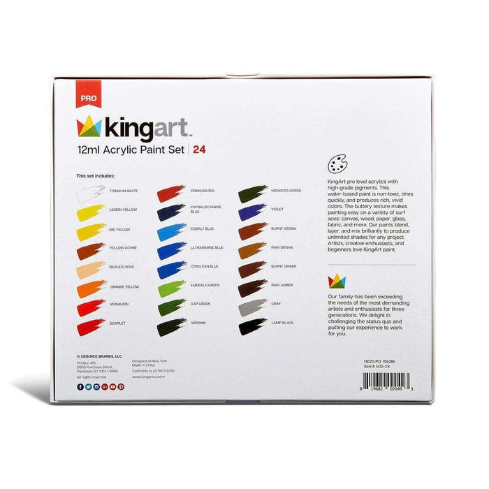 KINGART® PRO Artist Acrylic Paint, 12ml (.4oz), Set of 24 Unique Colors - KINGART