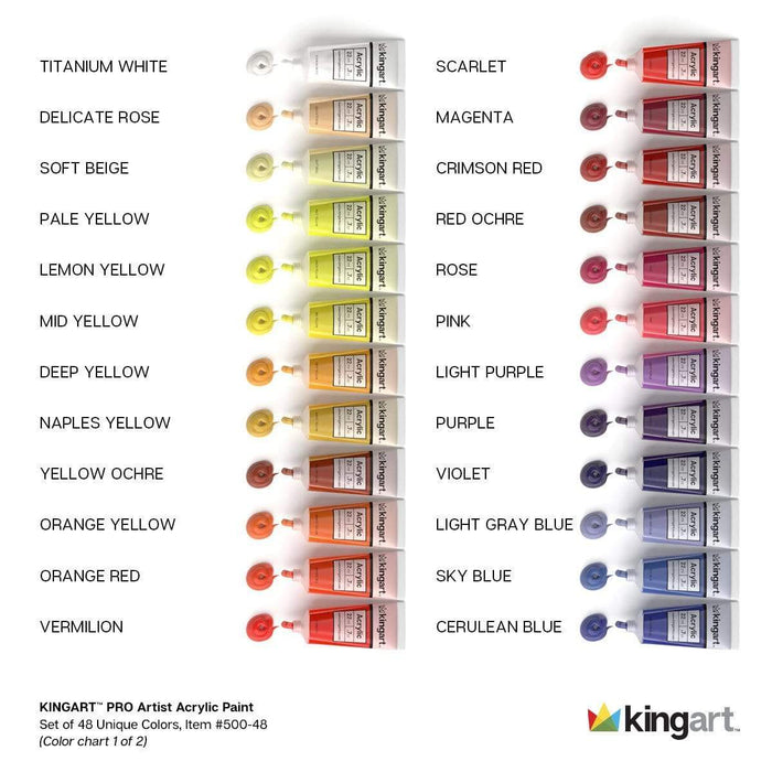 KINGART® PRO Artist Acrylic Paint, 22ml (0.74oz), Set of 48 Unique Colors - KINGART