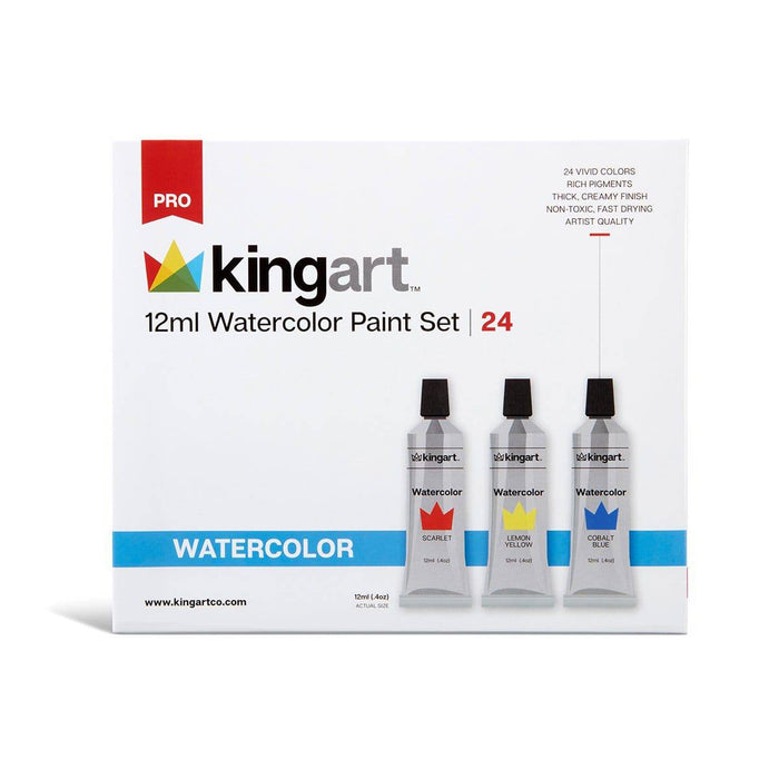 KINGART® PRO Artist Watercolor Paint, 12ml (.4oz),  Set of 24 Unique Colors - KINGART