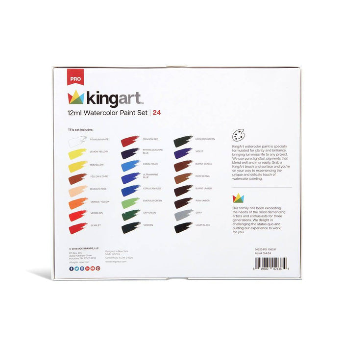 KINGART® PRO Artist Watercolor Paint, 12ml (.4oz),  Set of 24 Unique Colors - KINGART