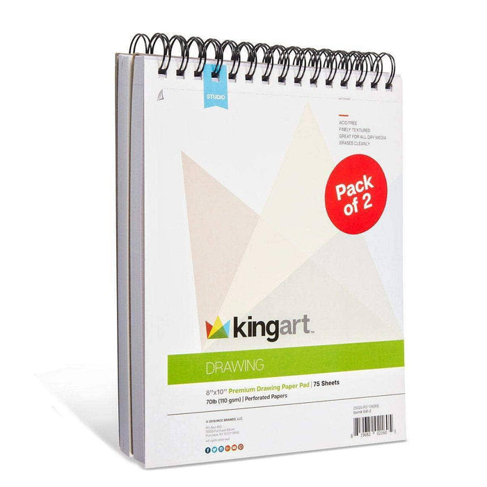 KINGART® Drawing Paper Pad, Pack of 2, 8 x 10 inches, 75 Pages Each, 70lb/110gsm, Micro-Perforated, Spiral Bound - KINGART