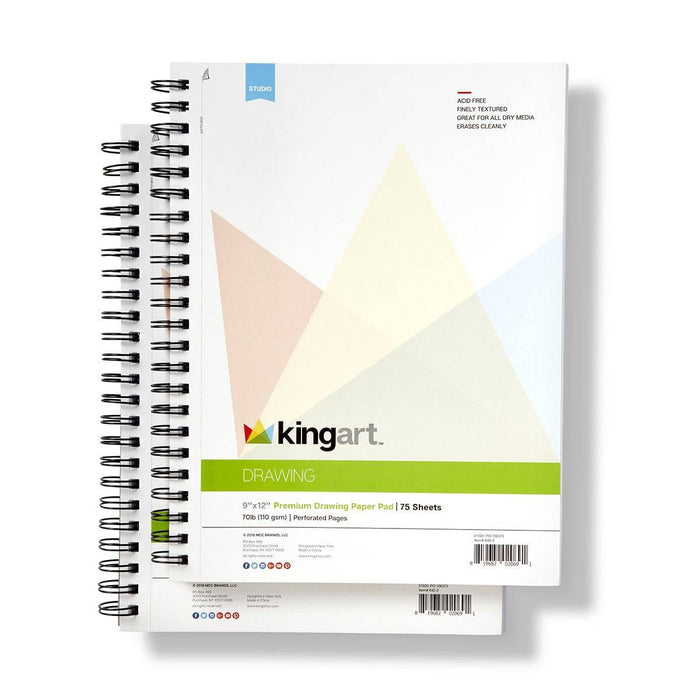 KINGART® Drawing Paper Pad, Pack of 2, 9 x 12 inches, 75 Pages Each, 70lb/110gsm, Micro-Perforated, Spiral Bound - KINGART