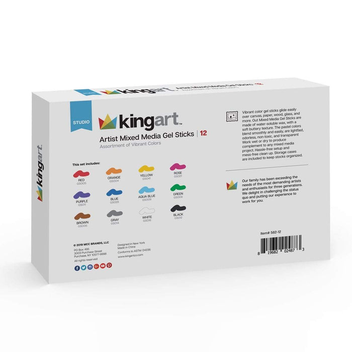 KINGART® Gel Stick Artist Mixed Media Crayons, Set of 12 Primary Colors - KINGART