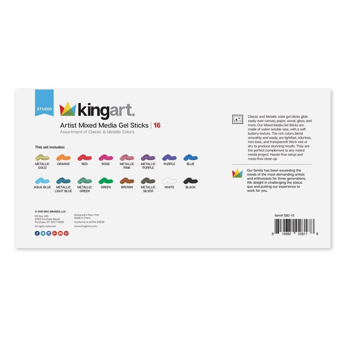 KINGART® Gel Stick Artist Mixed Media Crayons, Set of 16 Unique Colors - KINGART