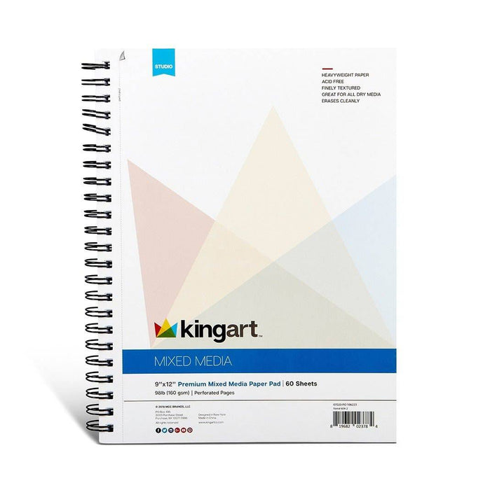 KINGART® Mixed Media Sketchbook, 9 x 12 Inches, 60-Sheet Drawing Pad, 98lb/160gsm Acid-Free Paper, Micro-Perforated, Spiral-Bound, Wet and Dry Media - KINGART