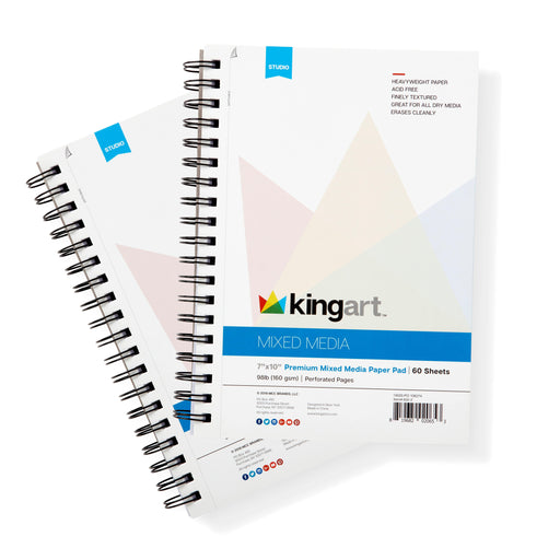 KINGART® Mixed Media Sketchbook, Pack of 2, 7 x 10 Inches, 60-Sheet Drawing Pads, 98lb/160gsm Acid-Free Paper, Micro-Perforated, Spiral-Bound, Wet and Dry Media - KINGART