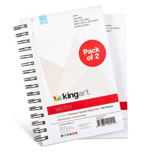 KINGART® Sketch Paper, Pack of 2, 5.5 x 8.5 Inches, 100-Sheet Pads, 60lb/90gsm, Side Spiral-Bound - KINGART