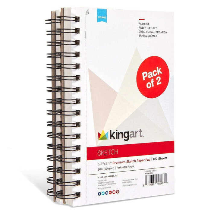 KINGART® Sketch Paper, Pack of 2, 5.5 x 8.5 Inches, 100-Sheet Pads, 60lb/90gsm, Side Spiral-Bound - KINGART