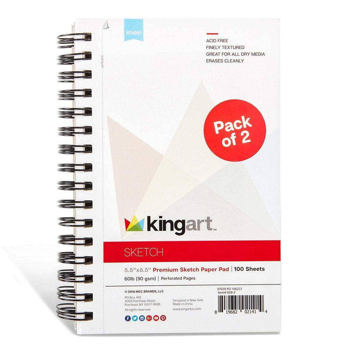 KINGART® Sketch Paper, Pack of 2, 5.5 x 8.5 Inches, 100-Sheet Pads, 60lb/90gsm, Side Spiral-Bound - KINGART