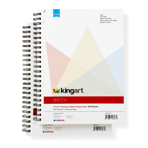 KINGART® Sketch Paper, Pack of 2, 9 x 12 Inches, 100-Sheet Pads, 60lb/90gsm, Side Spiral-Bound - KINGART