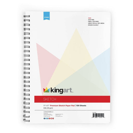 KINGART® Sketch Paper Pad, 9 x 12 Inches, 100-Sheet, 60lb/90gsm, Side Spiral-Bound - KINGART