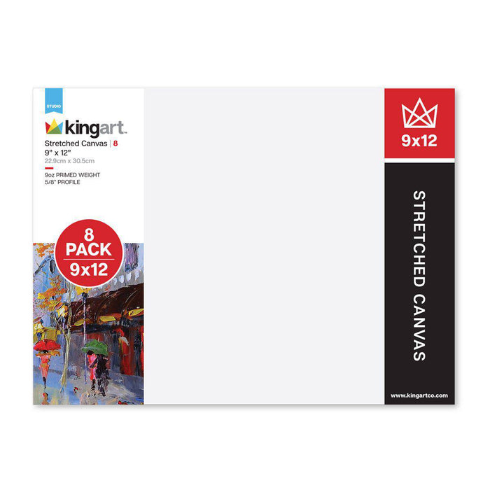 KINGART® Stretched White Canvas 9" x 12", 100% Cotton, Gesso-Primed, 8-Pack - KINGART