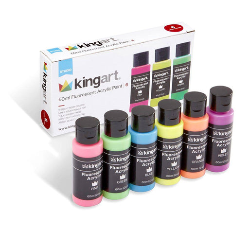 KINGART® Studio Acrylic Craft Paint, 60ml Bottle, Set of 6 Fluorescent Colors - KINGART