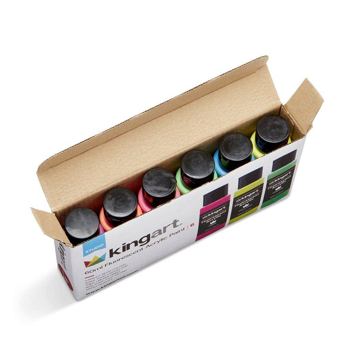 KINGART® Studio Acrylic Craft Paint, 60ml Bottle, Set of 6 Fluorescent Colors - KINGART