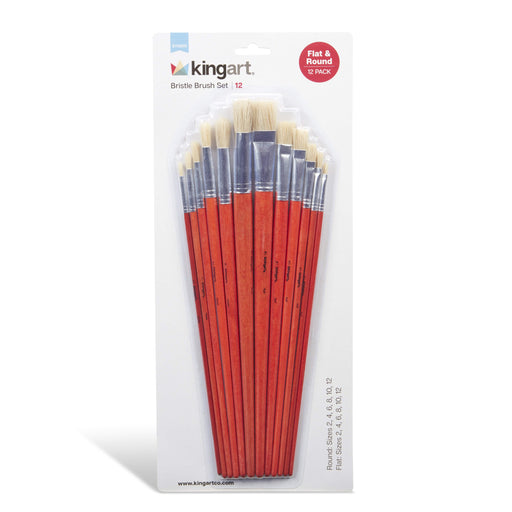 KINGART® Studio Bristle Brushes, Rounds & Flats, Long Handle, Set of 12 - KINGART