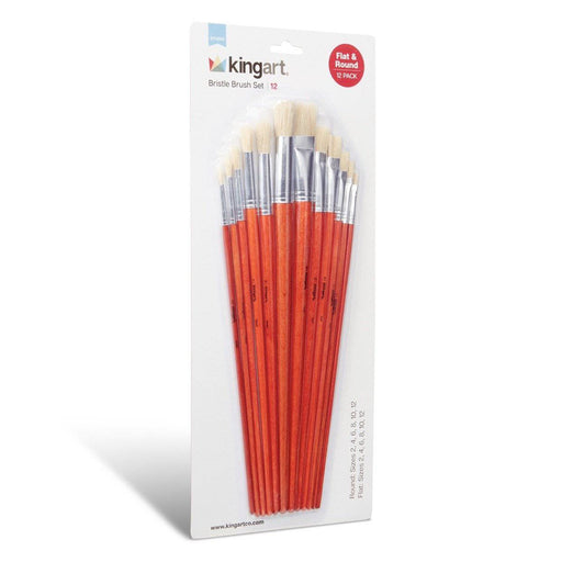 KINGART® Studio Bristle Brushes, Rounds & Flats, Long Handle, Set of 12 - KINGART