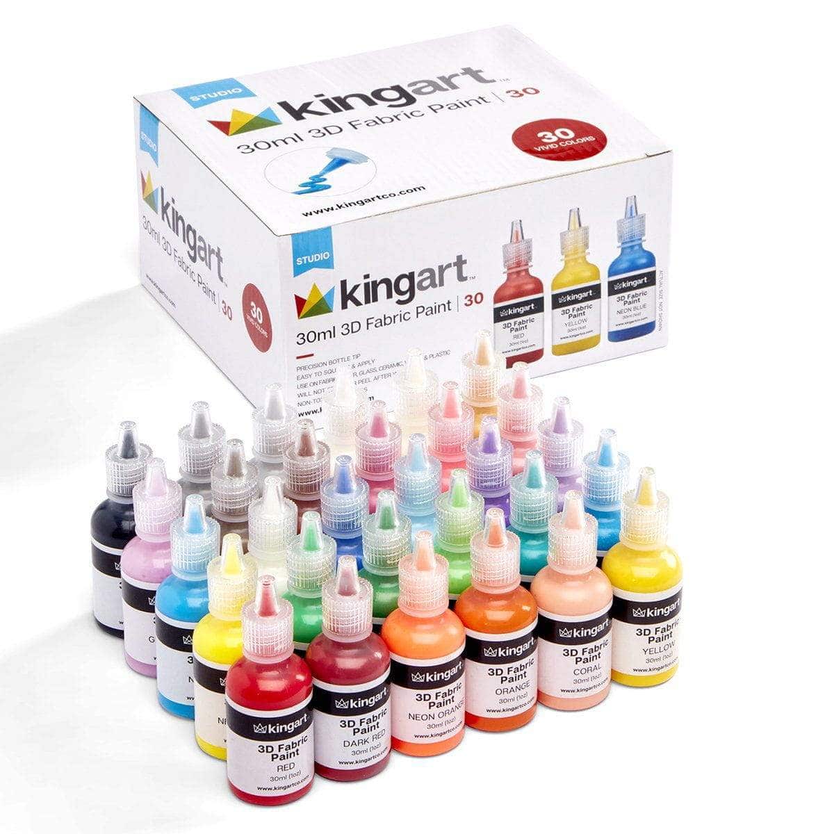 KINGART® Permanent Fabric Paint, Set of 30 Colors, 30ml Bottles