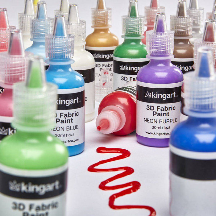 KINGART® Studio Fabric Paint, 3D Permanent, 30 Unique & Vibrant Colors (Classic, Glitter, Metallic, Glow-in-Dark) - KINGART