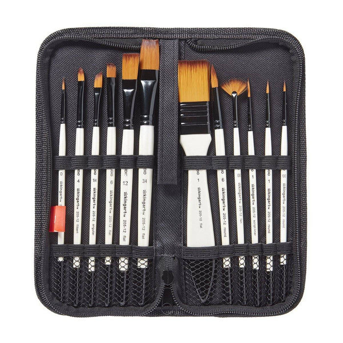 KINGART® Studio Golden Nylon Brushes, Set of 12 in Travel Case - KINGART