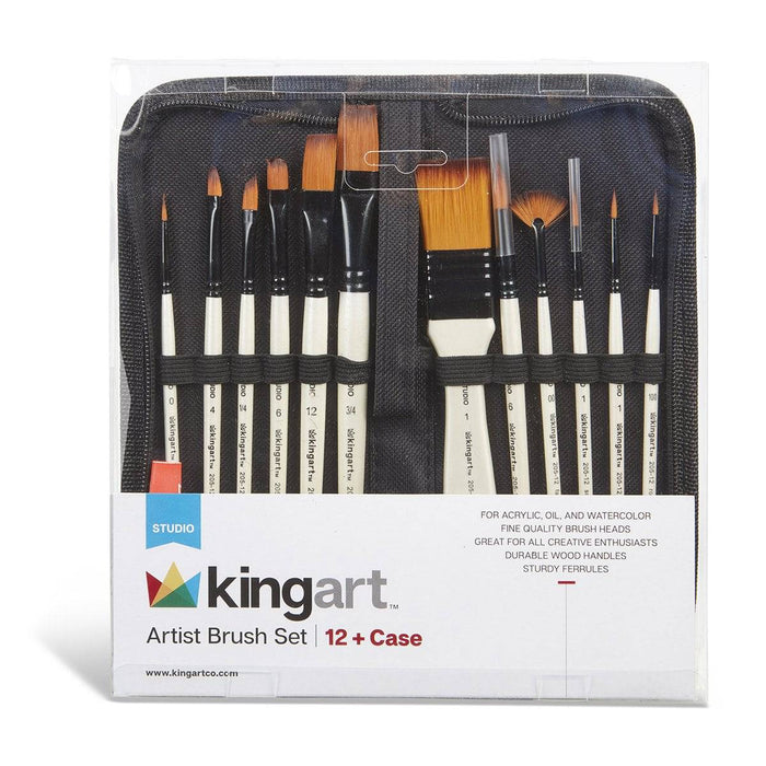 KINGART® Studio Golden Nylon Brushes, Set of 12 in Travel Case - KINGART