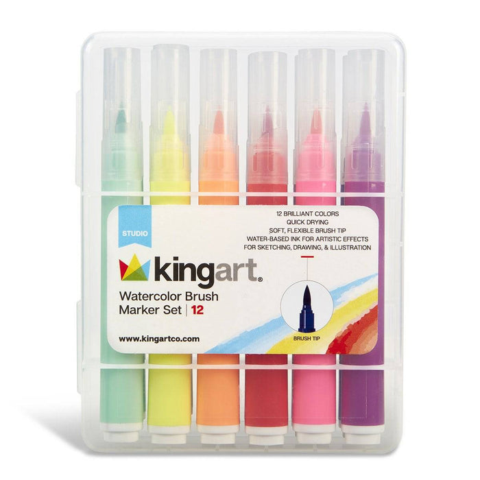 KINGART® Studio Soft Tip Brush Marker Set With Case, Set of 12 Unique Colors - KINGART