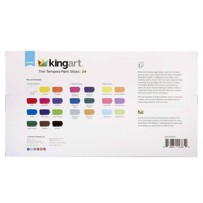 KINGART® Tempera Paint Thin Sticks, Washable, Rich & Creamy, Set of 24 Unique Colors - KINGART